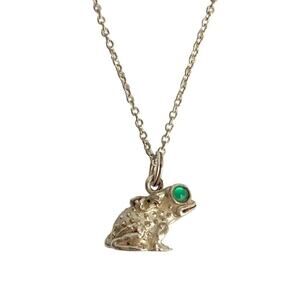 Vintage Frog Necklace Sterling Silver Pendant & Chain Green Eyes Tiny Dainty 925